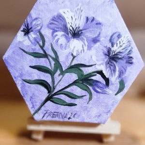 Purple bloom <br>10 cms (hexagon) 5cms each side<br> Acrylic on canvas