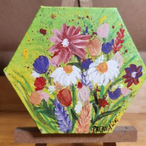 My garden <br>10 cms (hexagon) 5cms each side<br> Acrylic on canvas
