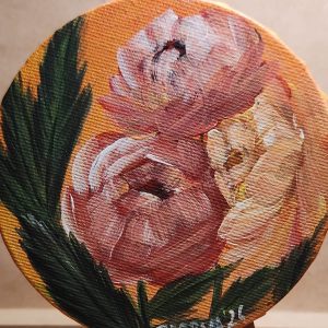Peonies love <br>10 cms (circle)<br> Acrylic on canvas